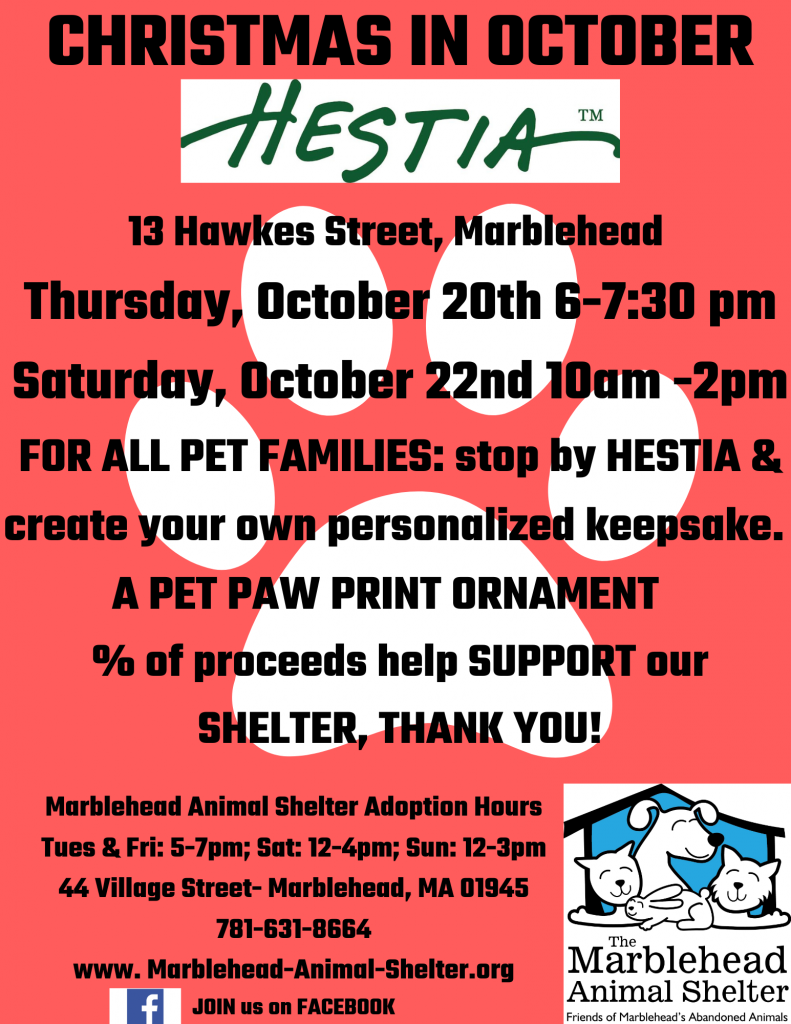 10/20 & 22 – We’re hosting a Paw Print Ornament benefit event